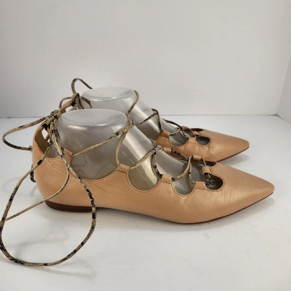 Coach Women's 8.5B Tan Leather Pointed Toe Lace-Up Ballet Flats Ankle Wrap